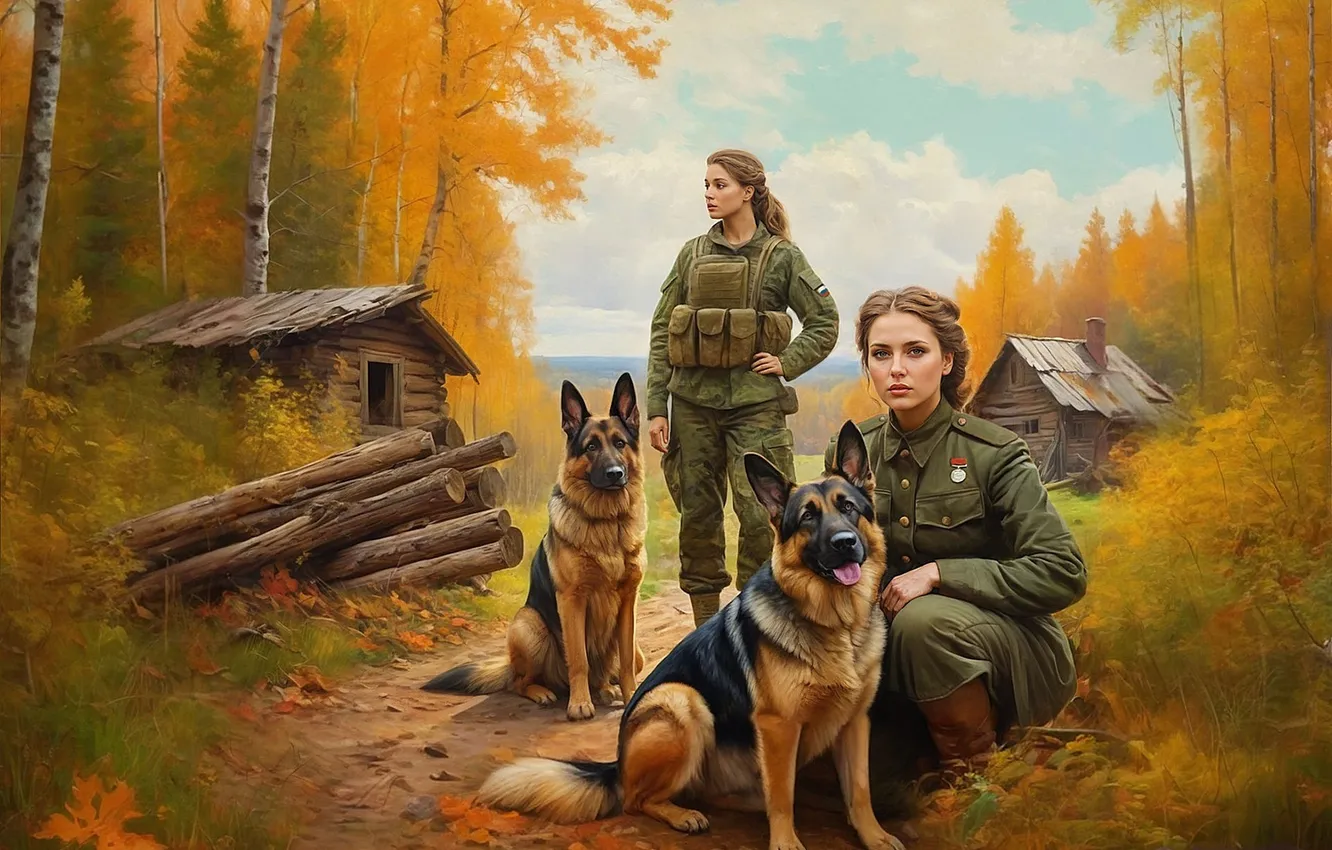 Фото обои Девушки, Деревья, Собаки, Солдаты, Двое, Праздник, Арт, 8 марта