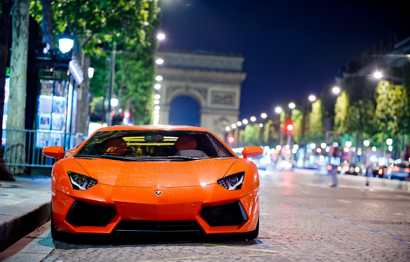Фото обои дорога, ночь, город, Париж, Lamborghini, Ламборджини, Ламборгини, боке