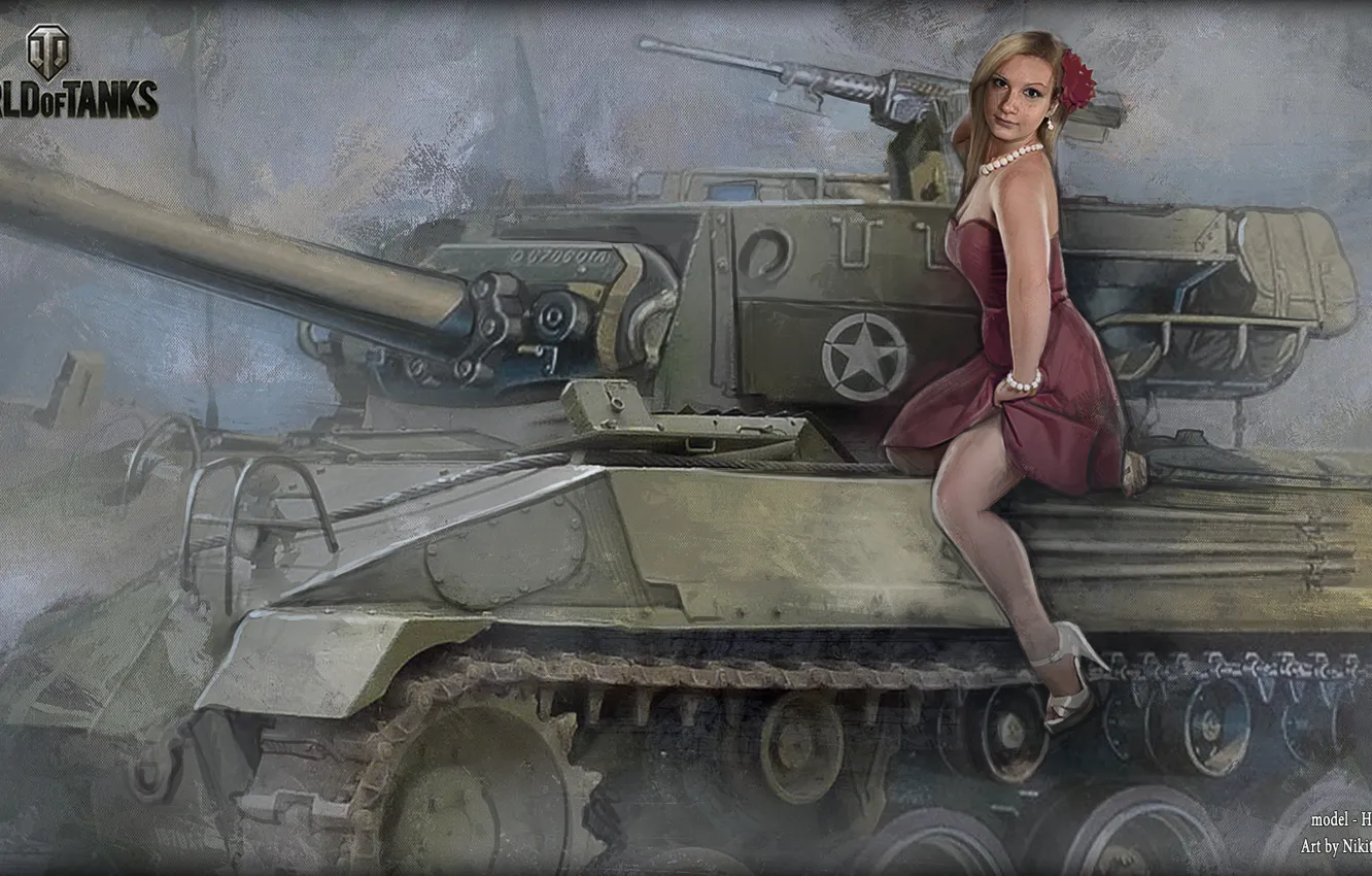 Фото обои девушка, танк, бусы, girl, танки, WoT, Мир танков, tank