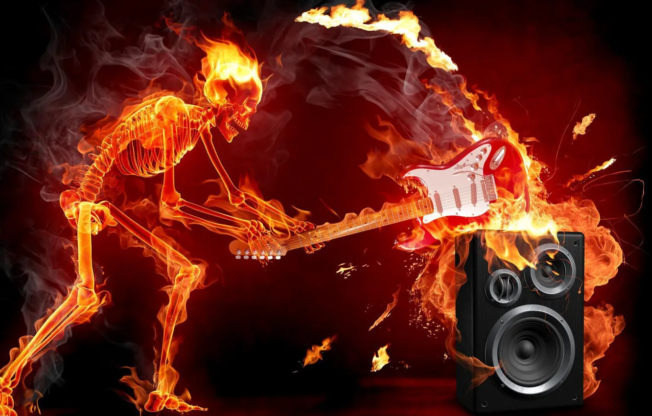 Фото обои fire, rock, skeleton, music. guitar