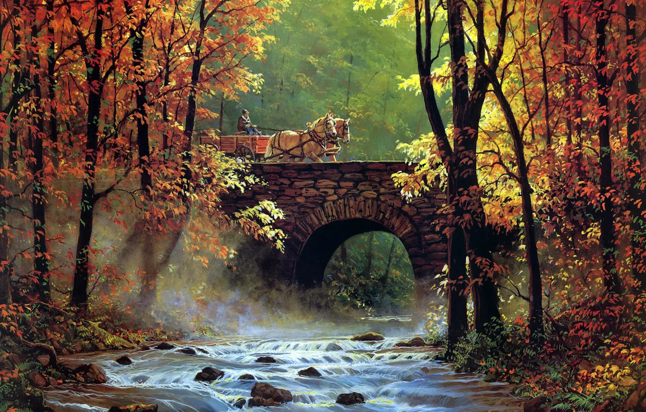 Фото обои осень, лес, листья, свет, деревья, мост, природа, туман