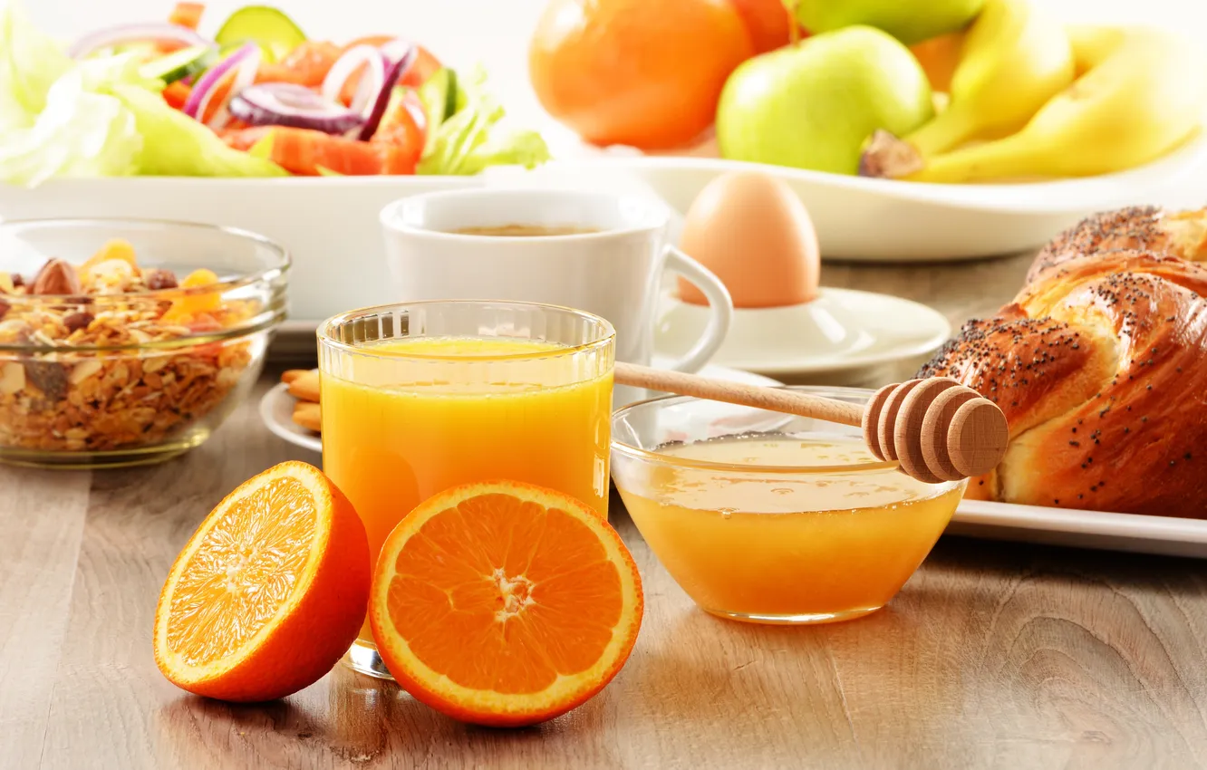 Фото обои яблоки, еда, апельсины, завтрак, сок, мед, ложка, бананы