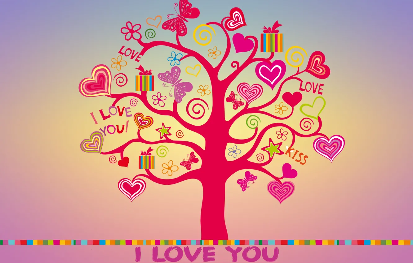 Фото обои любовь, дерево, colorful, сердечки, love, I love you, butterfly, background