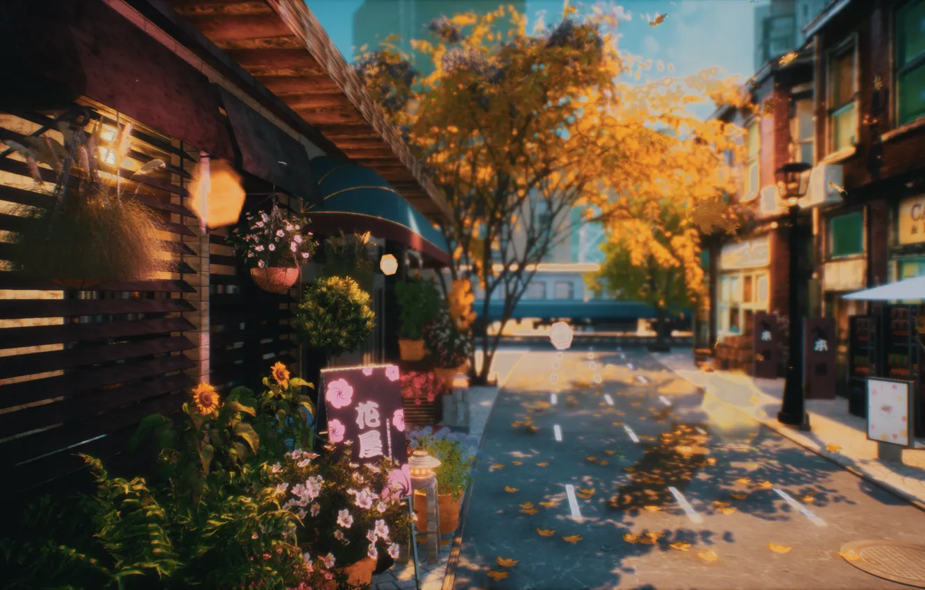 Фото обои осень, цветы, город, дороги, поезд
