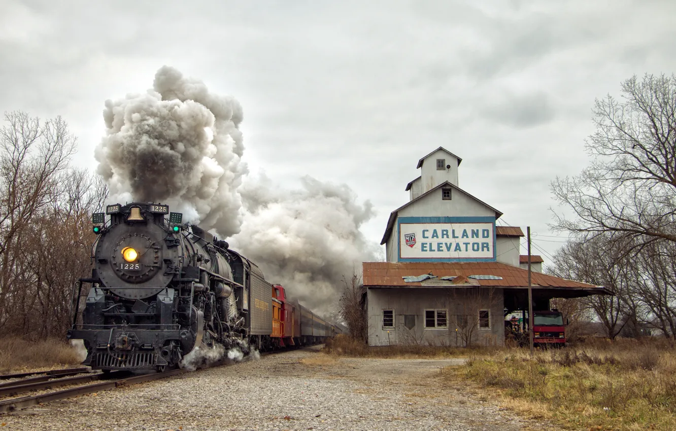 Фото обои smoke, steam, truck, train, railway, railroad, Pere Marquette 1225, Carland Elevator