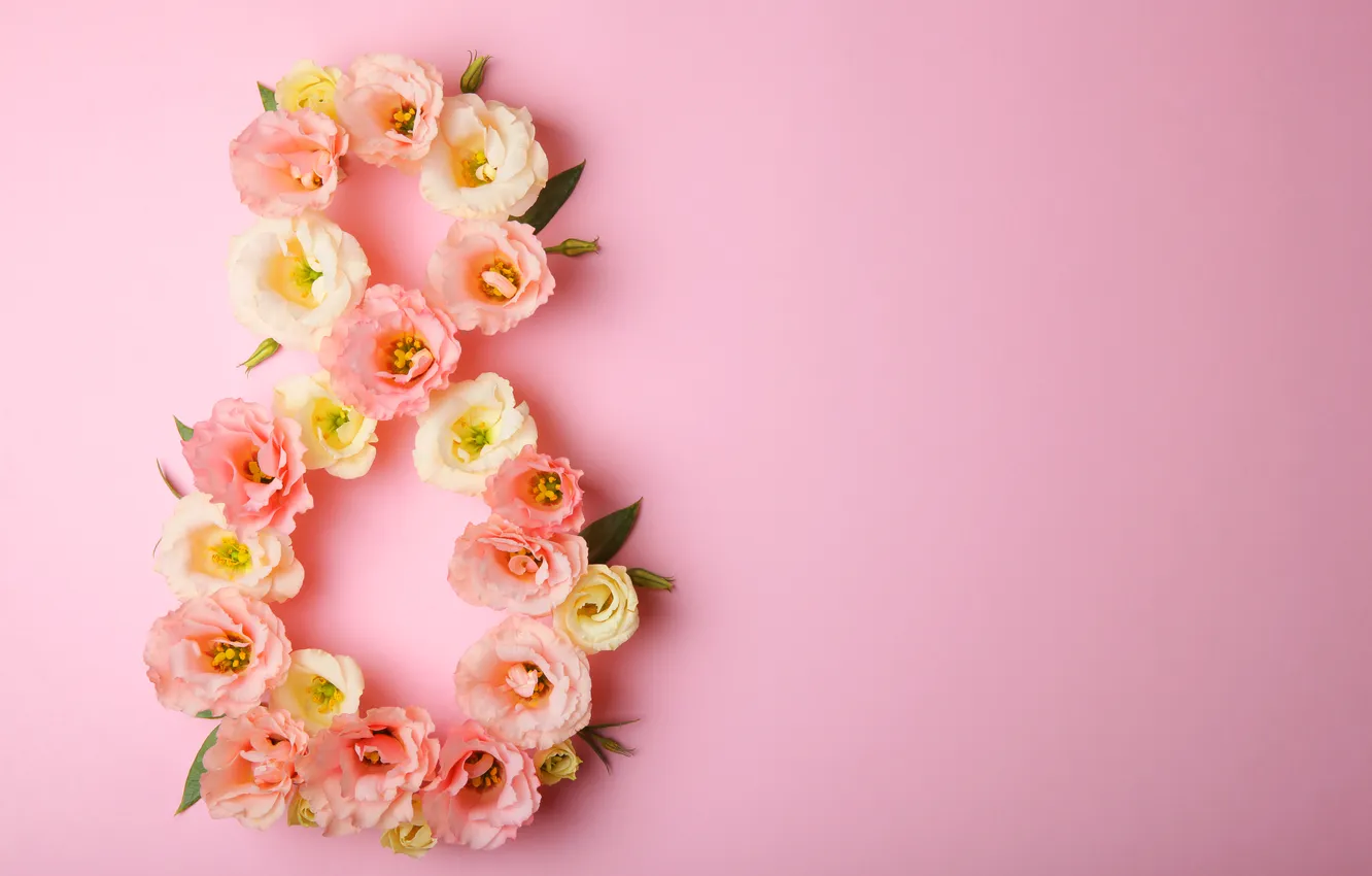 Фото обои цветы, цифра, happy, розовый фон, 8 марта, pink, flowers, spring