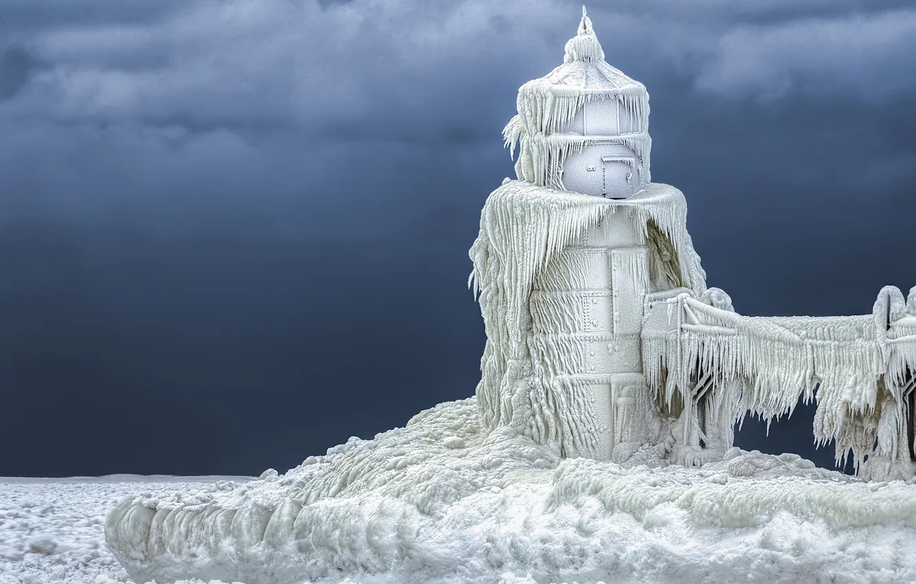 Фото обои холод, лед, стихия, маяк, сосульки, мороз, наледь, Белый плен