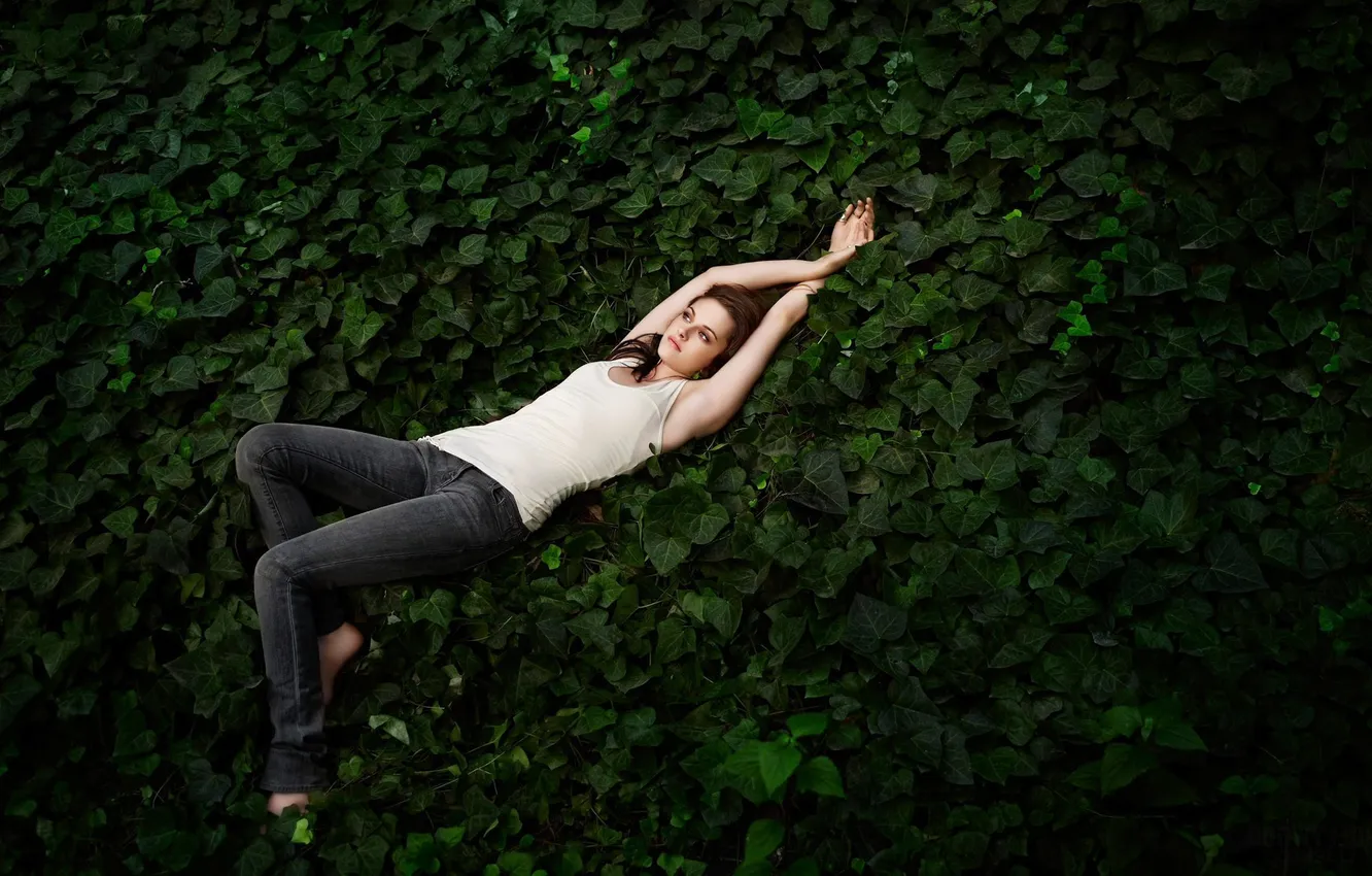 Фото обои листья, девушка, актриса, Kristen Stewart, Кристен Стюарт, симпотичная