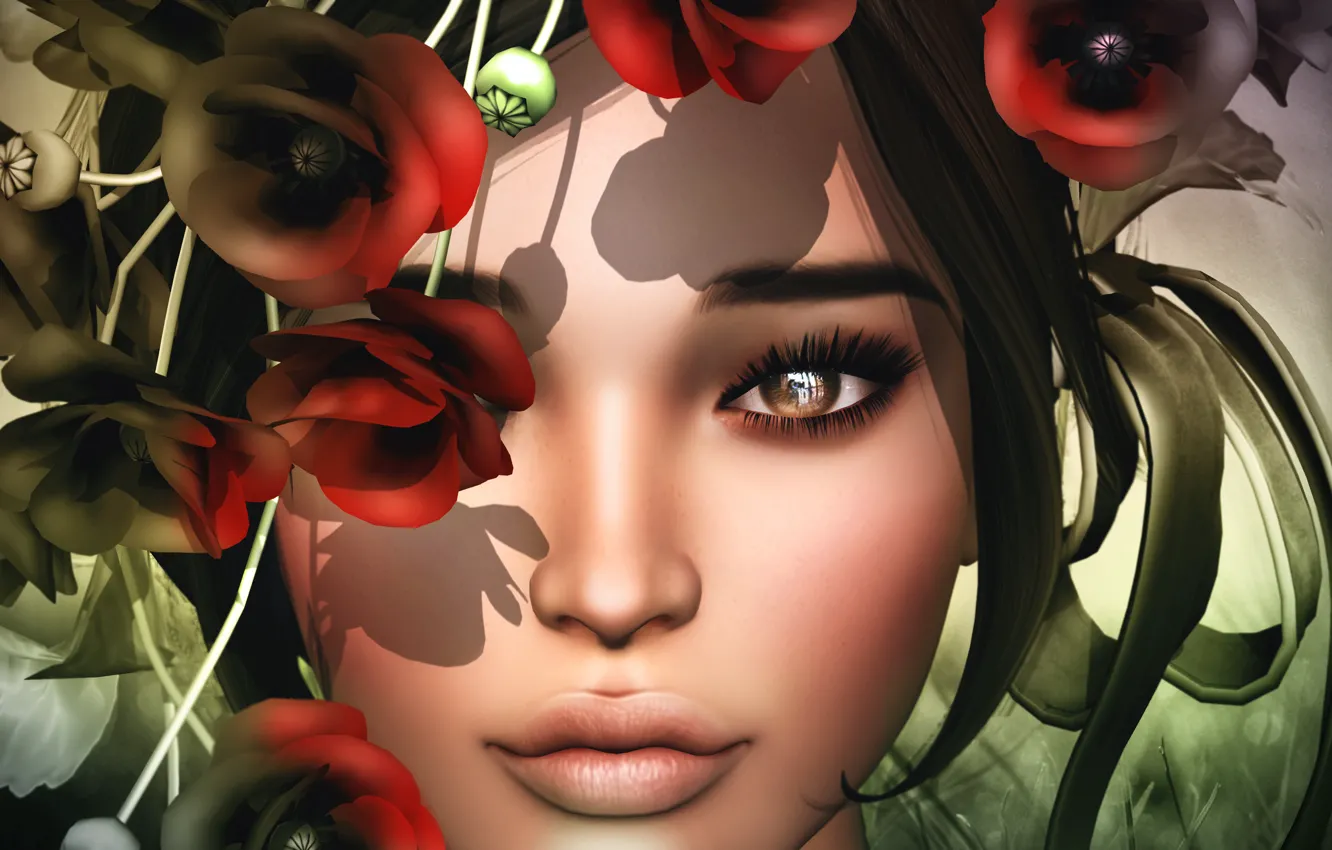 Фото обои глаза, взгляд, девушка, цветы, лицо, губы