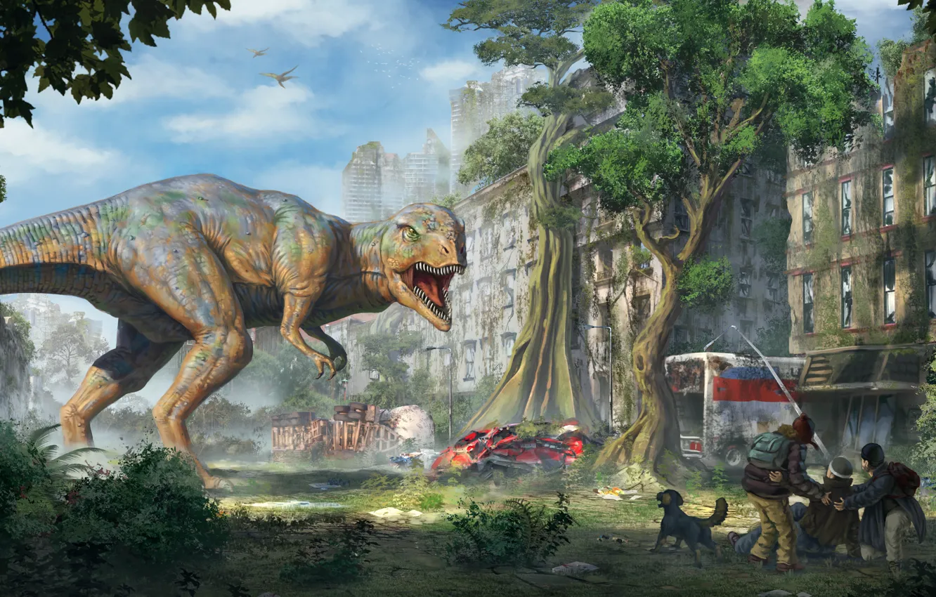 Фото обои город, люди, фантастика, динозавр, арт, руины, T-Rex, Tyrannosaurus