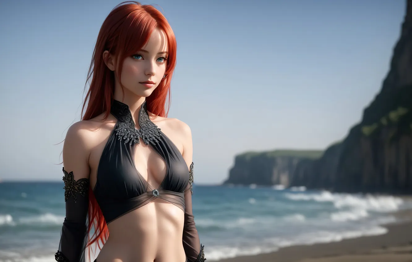 Фото обои girl, fantasy, beach, red hair, coast, nature, art, digital art
