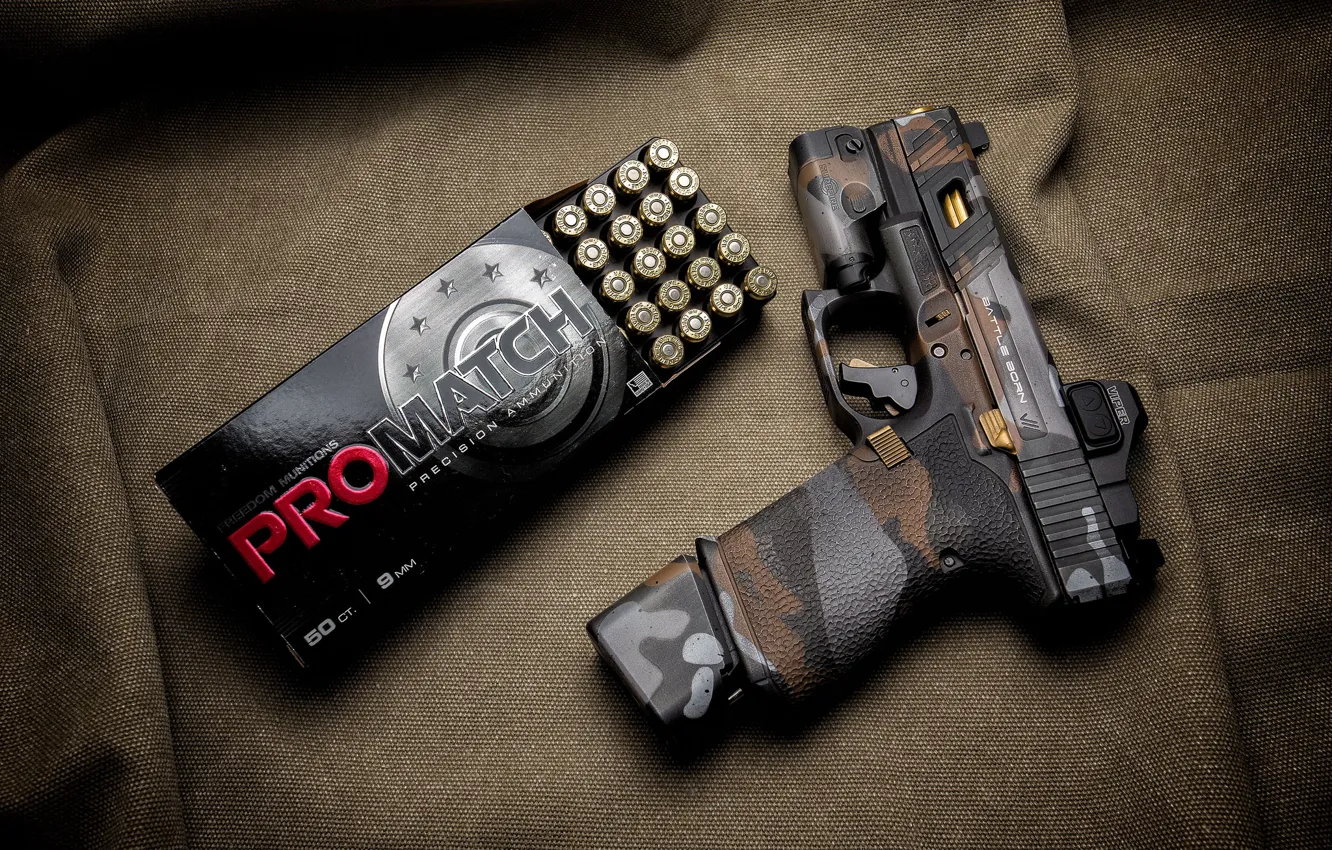 Фото обои стиль, пистолет, коробка, патроны, Glock