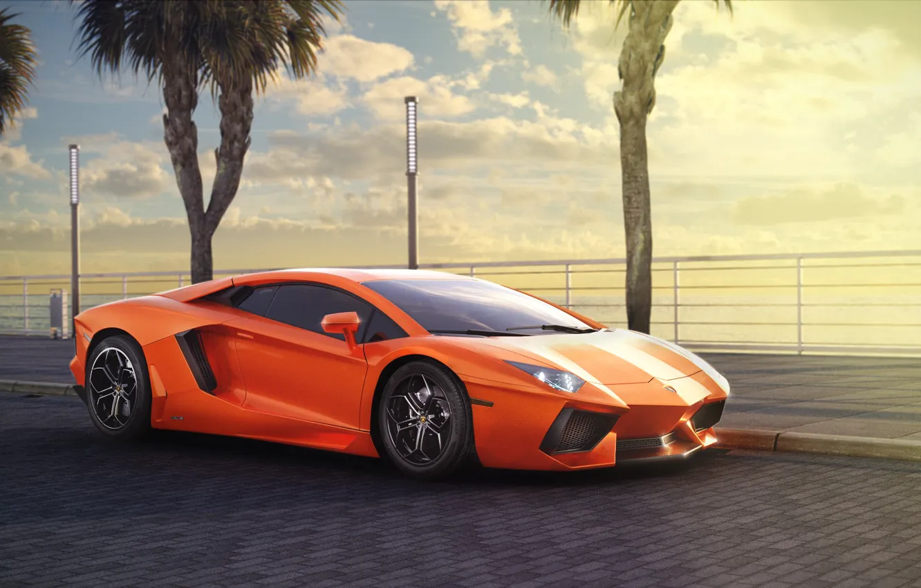Фото обои Lamborghini, Orange, LP700-4, Aventador, Summer, Supercar, Palms, Ligth