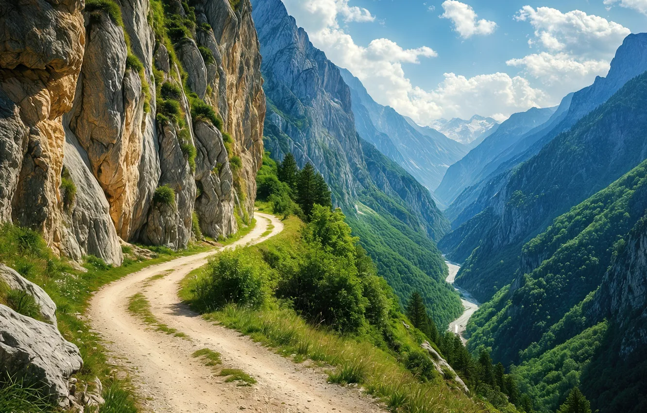 Фото обои road, sky, mountains, mountain, clear, high