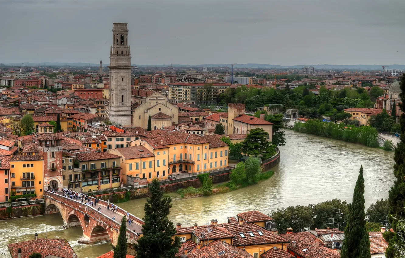 Фото обои здания, Италия, панорама, набережная, Italy, Верона, Verona, Adige River