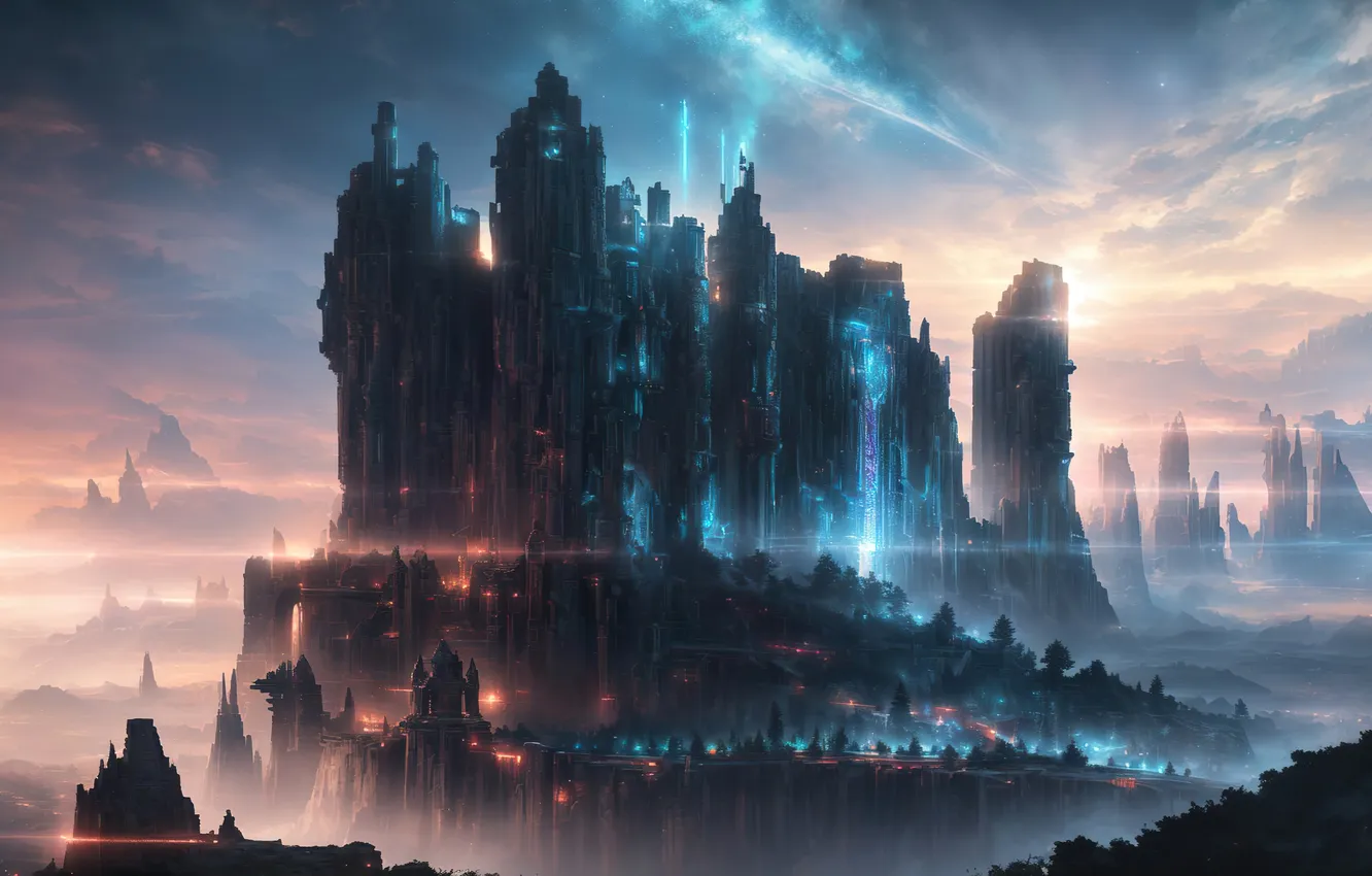 Фото обои sky, landscape, art, fantastic, digital art, ancient ruin, mount, Futuristic