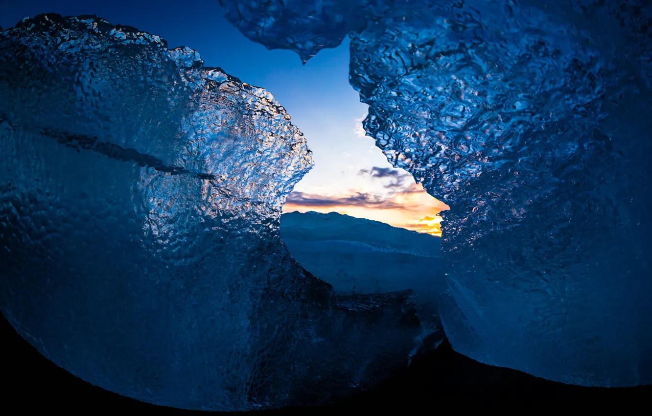 Фото обои лед, горы, краски, вечер, Исландия