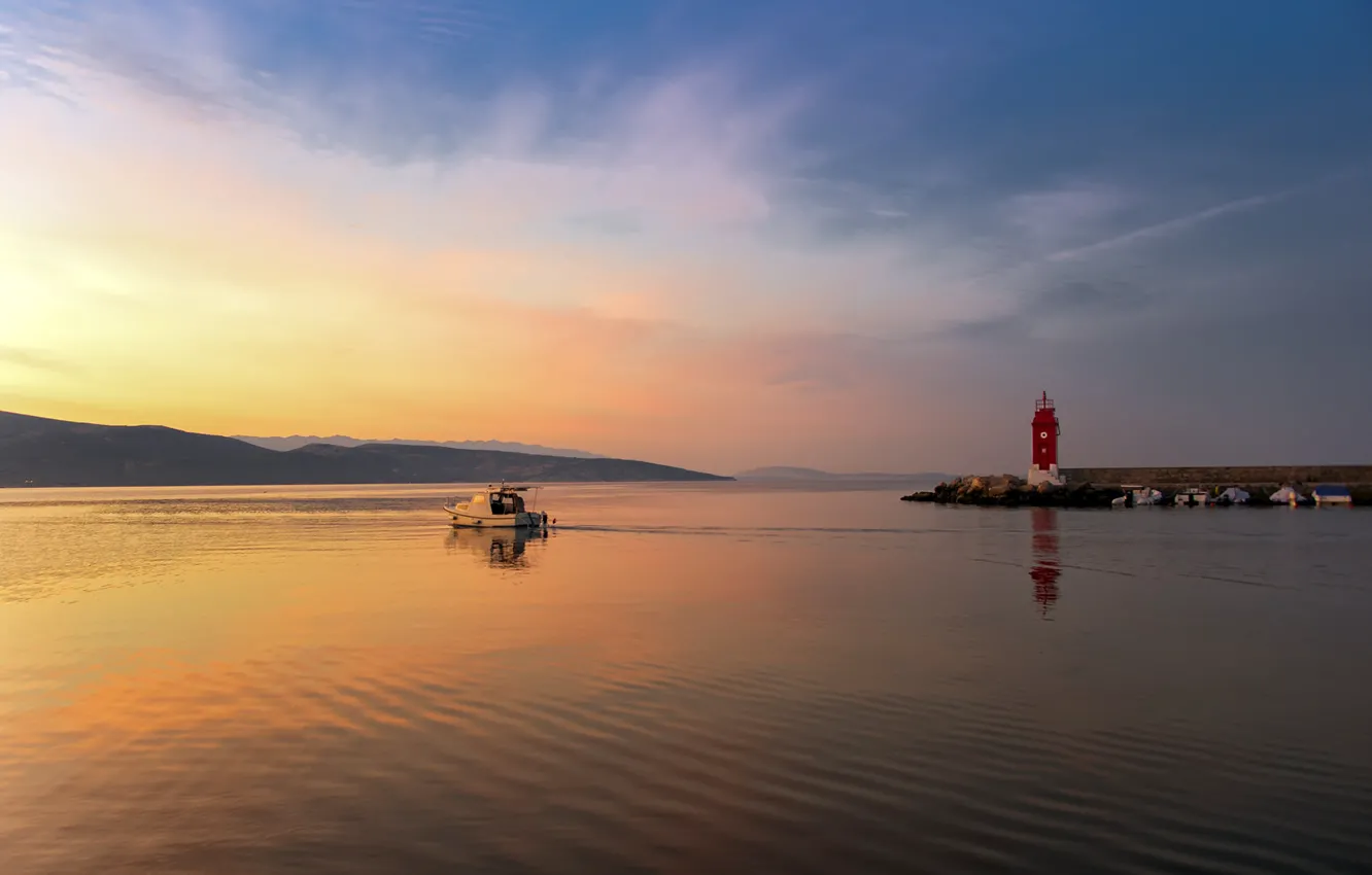 Фото обои twilight, sea, sunset, dusk, boats, lighthouse, Croatia, Adriatic Sea