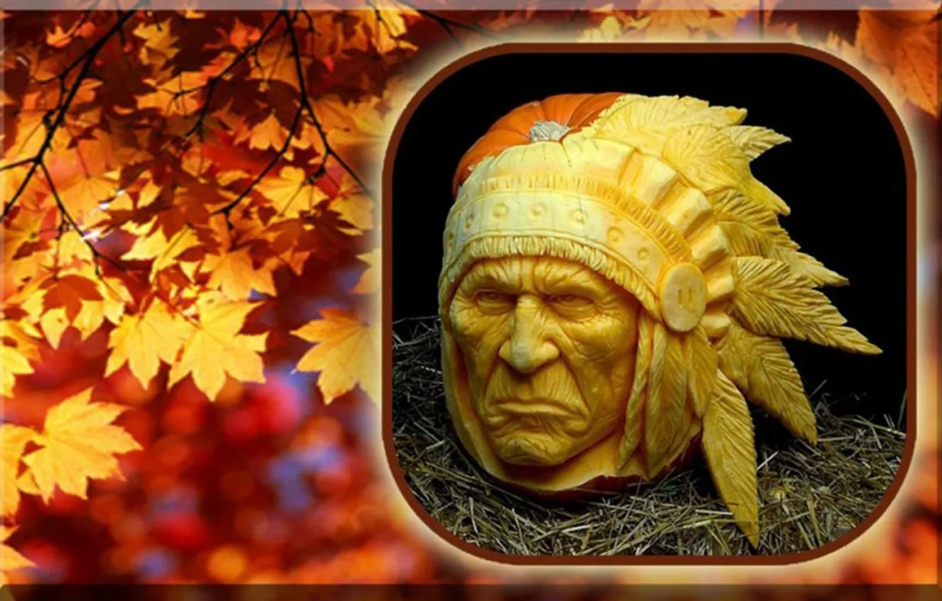 Фото обои red, art, leafs, chief, first people, native american art