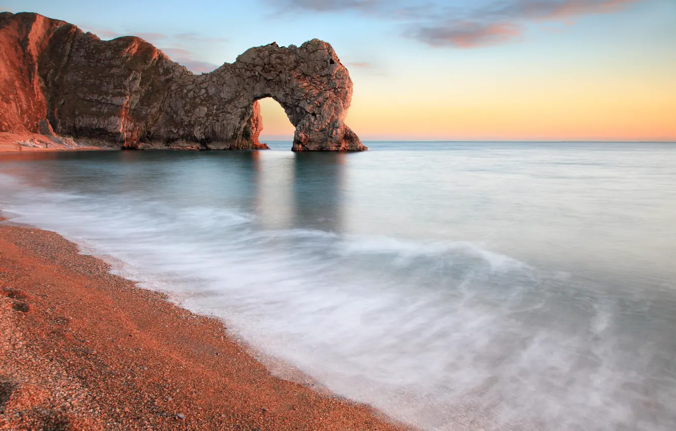 Фото обои море, пляж, камни, скалы, берег, арка, штиль, райский уголок