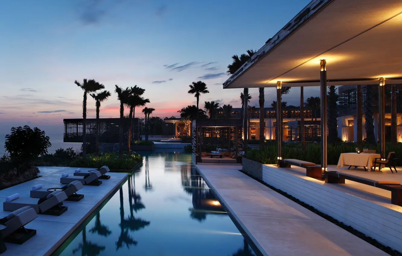 Фото обои пальмы, вилла, вечер, бассейн, Бали, Индонезия, отель, курорт