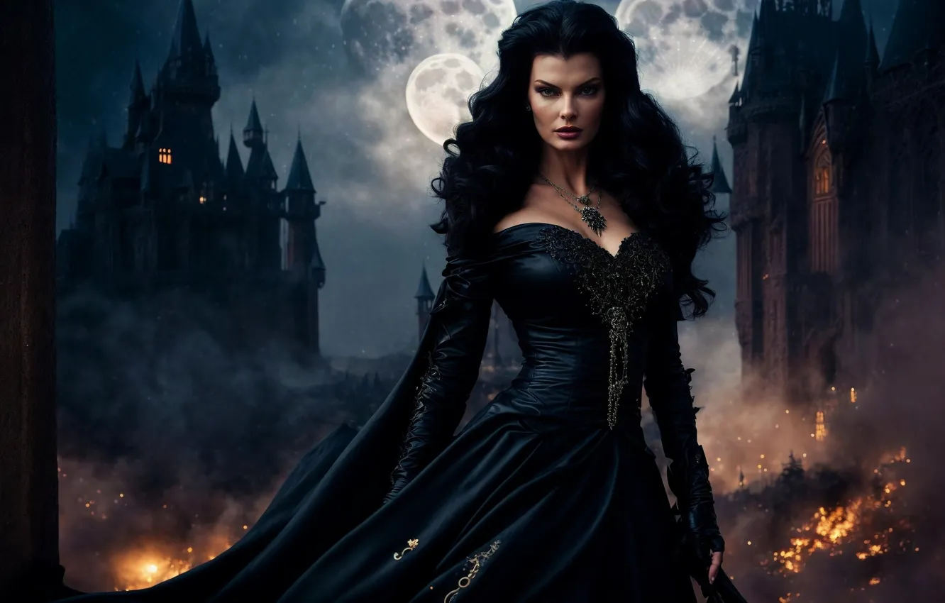 Фото обои девушка, замок, пламя, луна, женщина, дым, дама