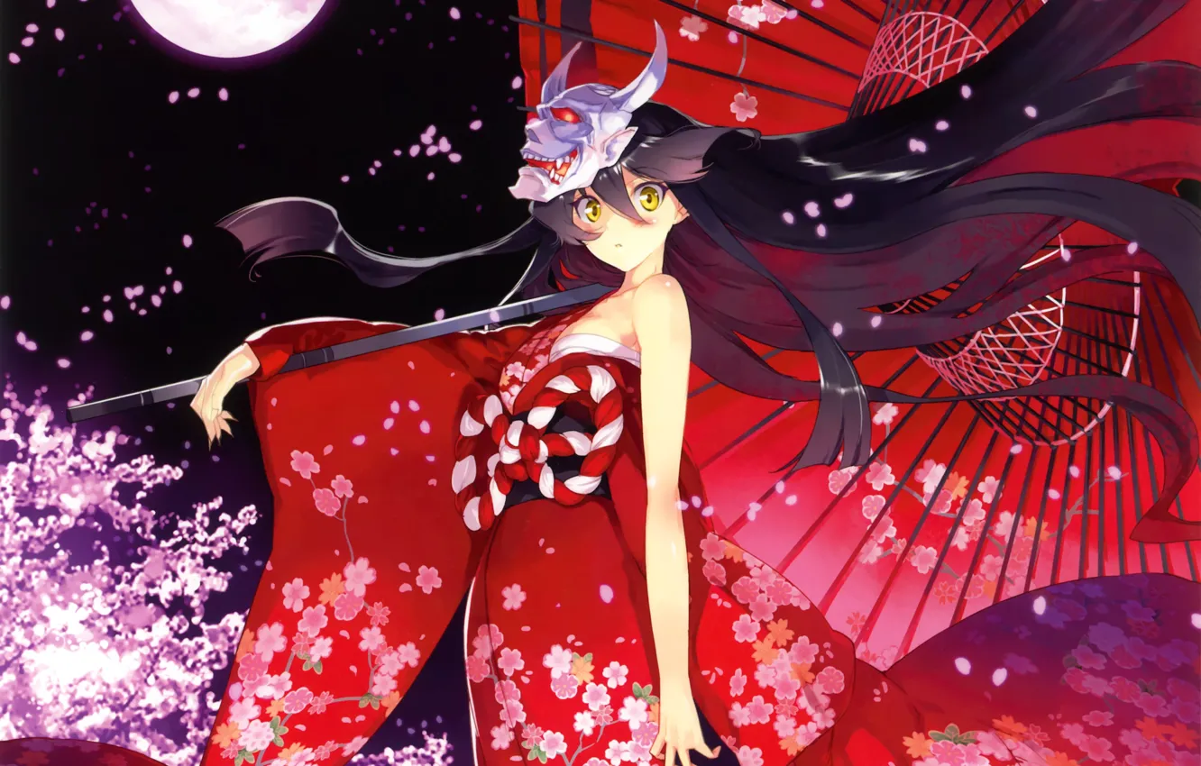 Фото обои девушка, цветы, ночь, луна, зонт, аниме, лепестки, сакура