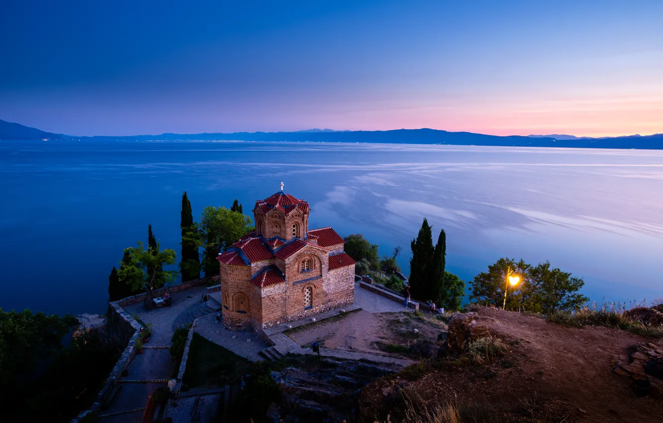 Фото обои озеро, церковь, Lake Ohrid, Охридское озеро, Церковь Святого Иоанна Канео, North Macedonia, Северная Македония, Church …