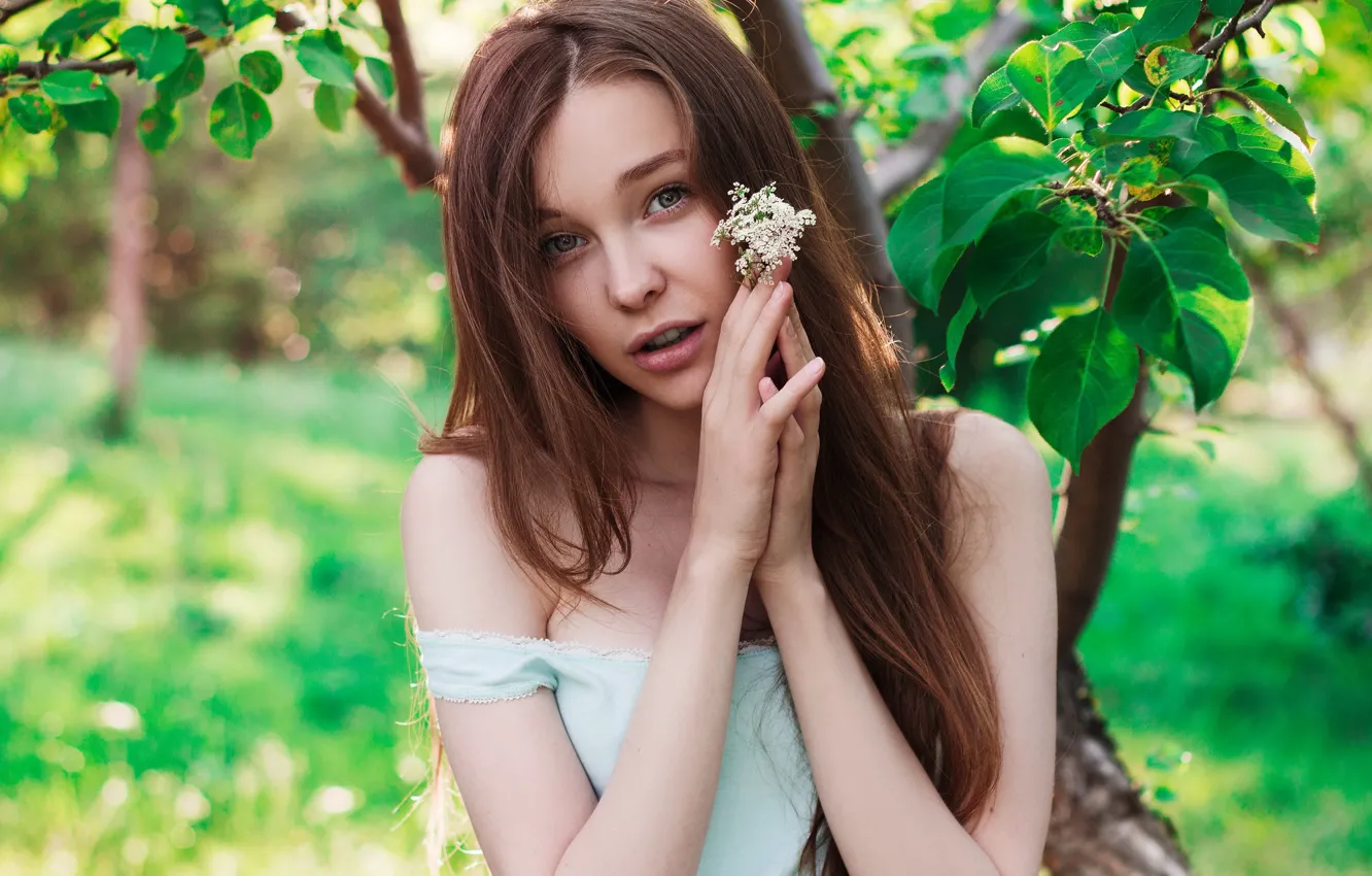 Фото обои лето, взгляд, девушка, лицо, green, милая, модель, портрет