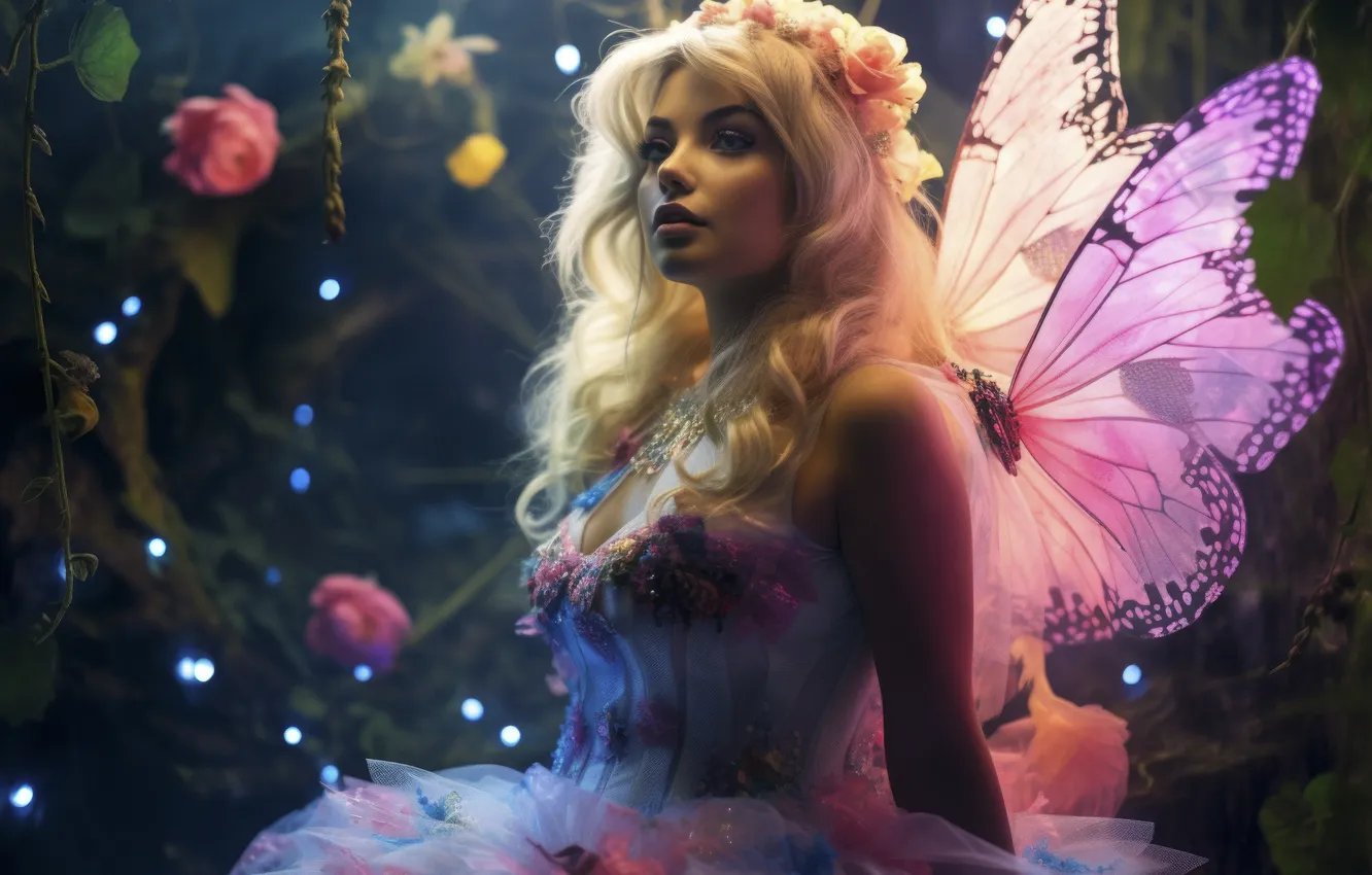Фото обои девушка, цветы, крылья, фея, блондинка, цифровое искусство, ИИ-арт, Искусство искусственного интеллекта