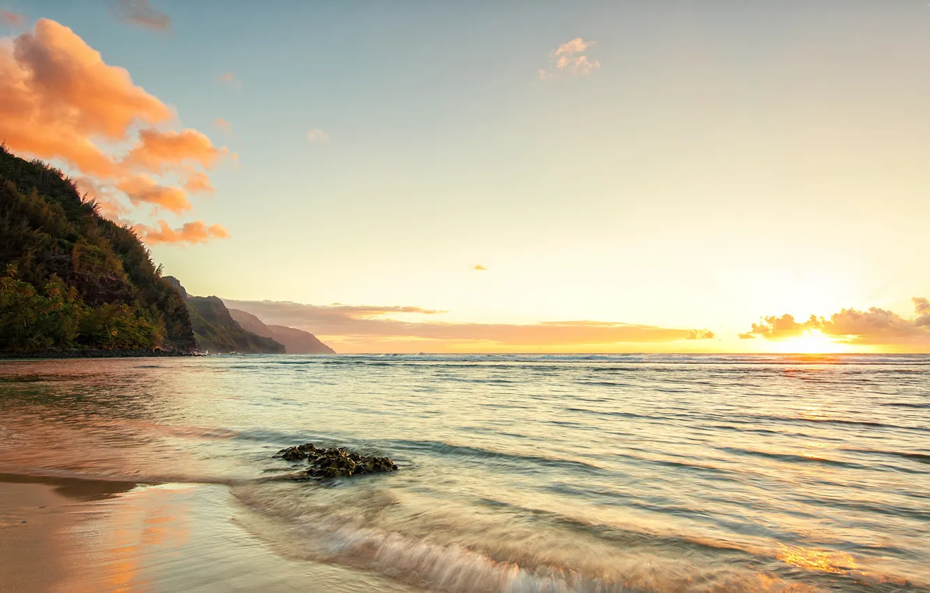 Фото обои горы, океан, берег, Гавайи, Hawaii, Kee beach, island Kauai