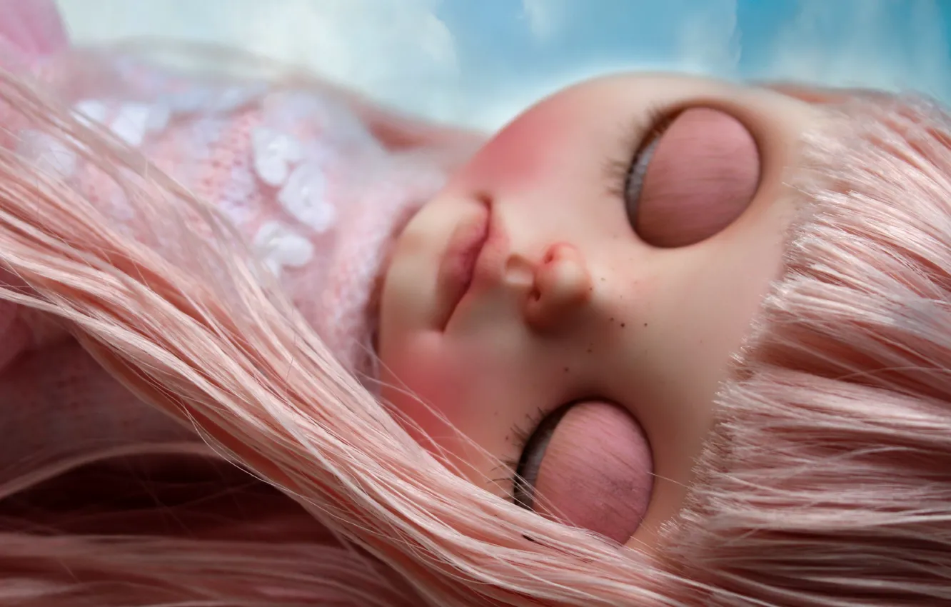 Фото обои глаза, розовый, волосы, кукла