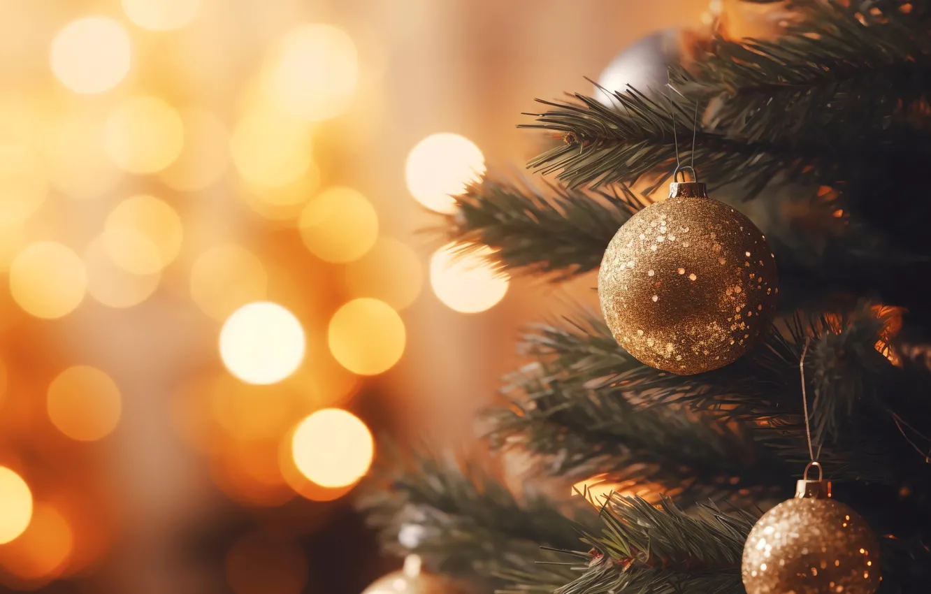 Фото обои украшения, фон, шары, елка, Новый Год, Рождество, golden, new year