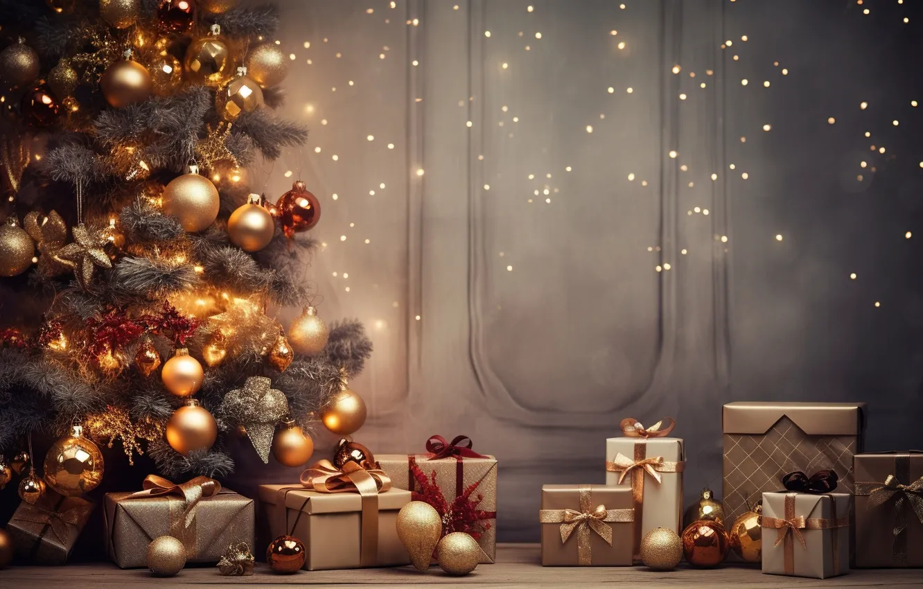Фото обои украшения, шары, елка, Новый Год, Рождество, подарки, golden, new year