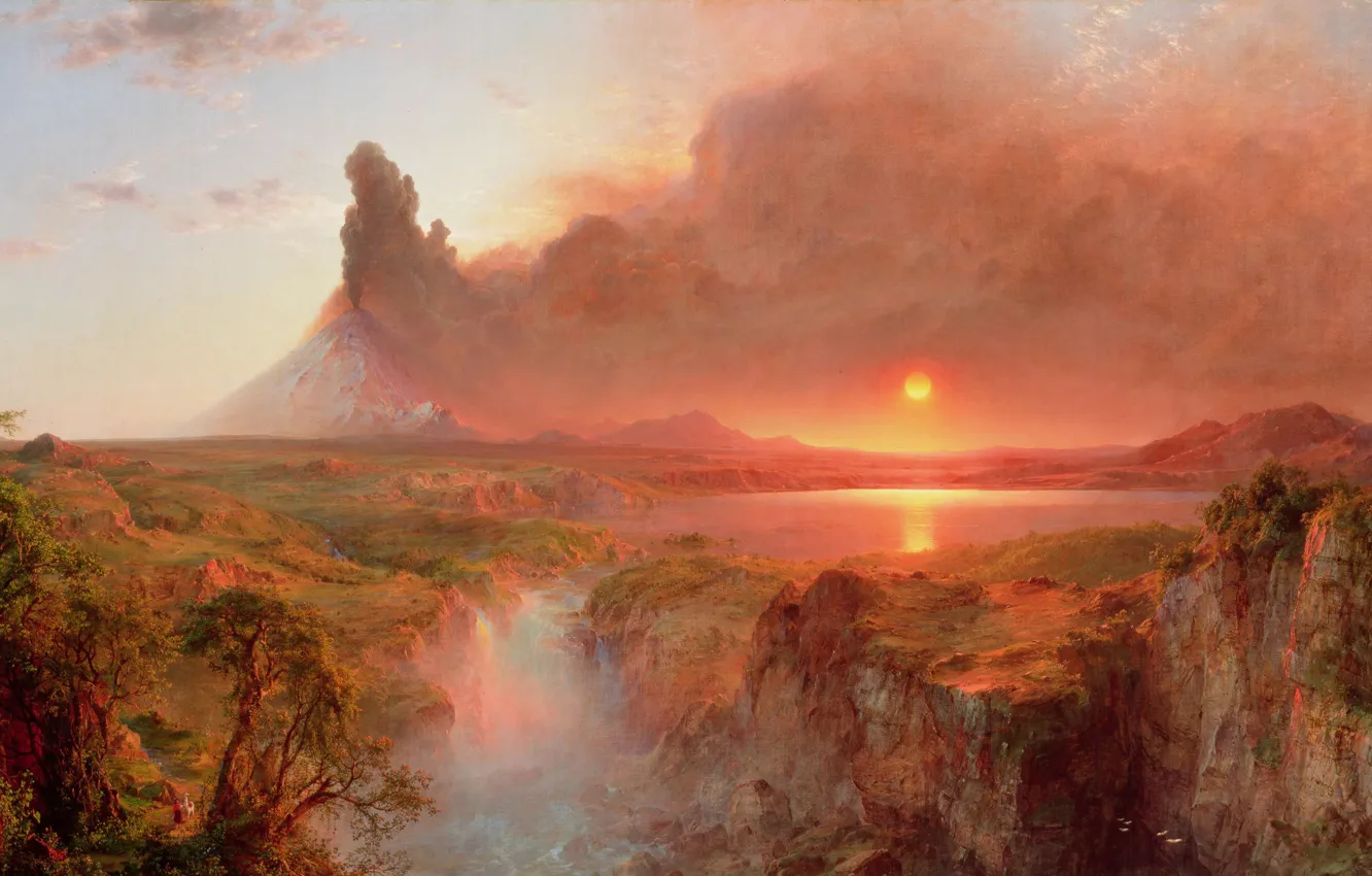 Фото обои солнце, деревья, пейзаж, озеро, камни, скалы, дым, рисунок
