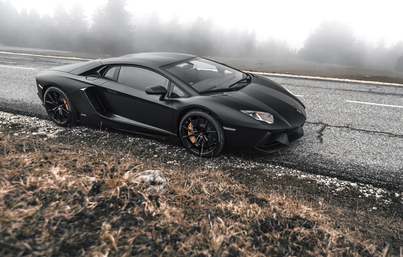 Фото обои Lamborghini, Black, LP700-4, Aventador, Road, Supercar, Fog