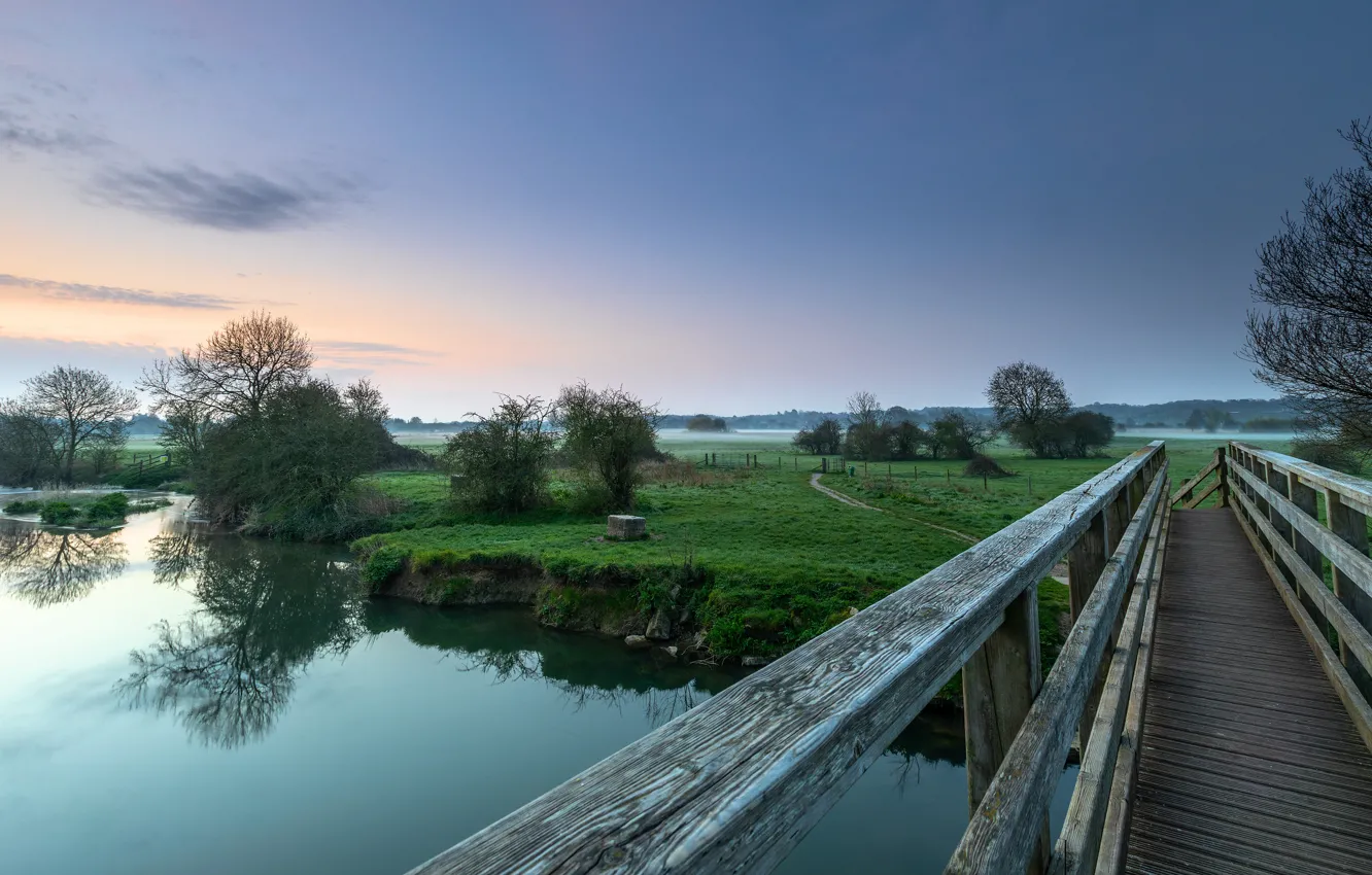 Фото обои мост, река, берег, перила, деревянный, мостик, водоем