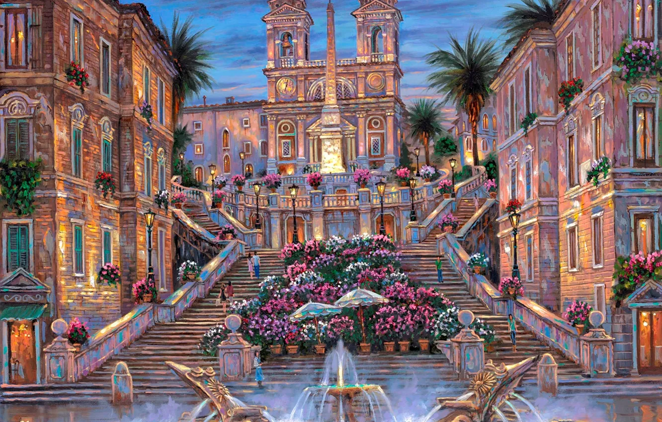Фото обои цветы, пальмы, вечер, Рим, Италия, фонтан, лестницы, сумерки
