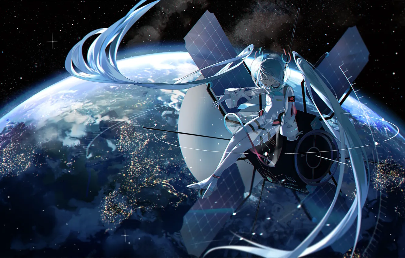Фото обои девушка, космос, земля, космонавт, Hatsune Miku, Vocaloid, Вокалоид, Хатсуне Мику