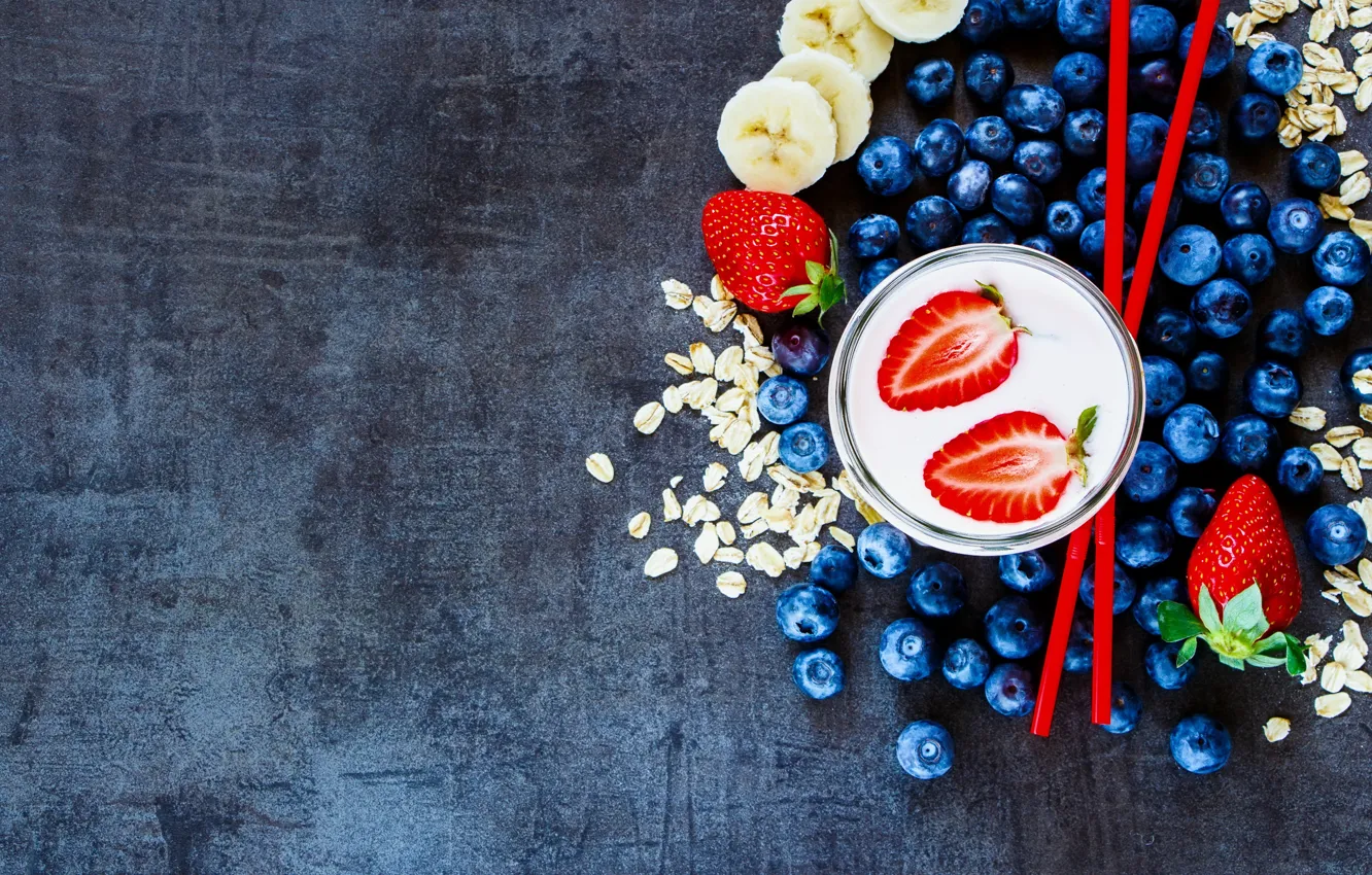 Фото обои ягоды, еда, завтрак, черника, клубника, йогурт, овсянка