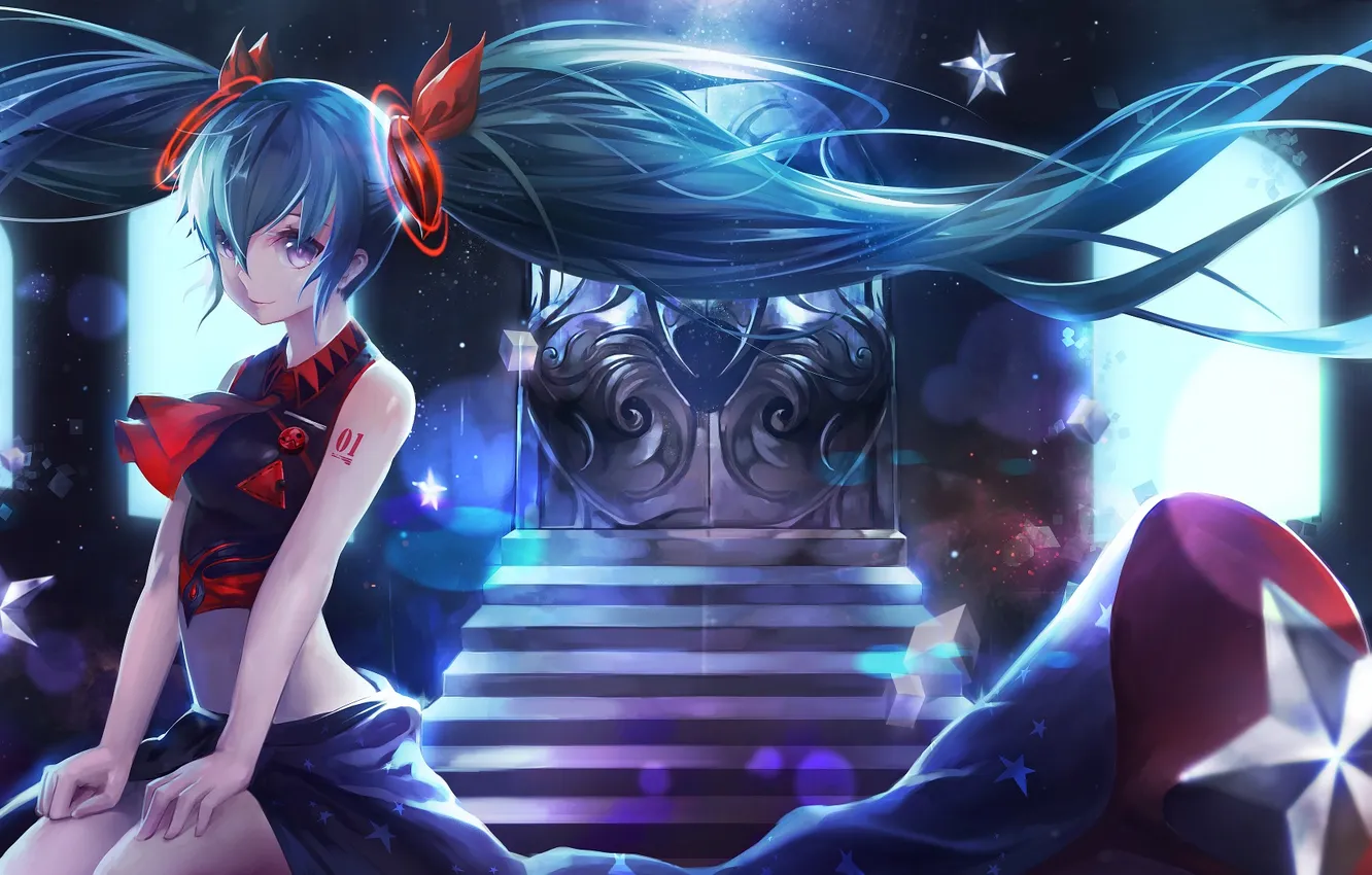 Фото обои девушка, звезды, волосы, арт, татуировка, vocaloid, hatsune miku, вокалоид