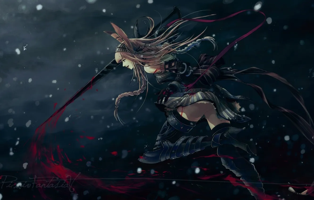 Фото обои девушка, оружие, кровь, меч, аниме, арт, pixiv fantasia, pixiv fantasia v