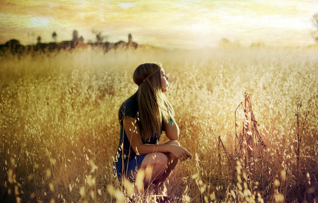 Фото обои поле, девушка, закат, настроение