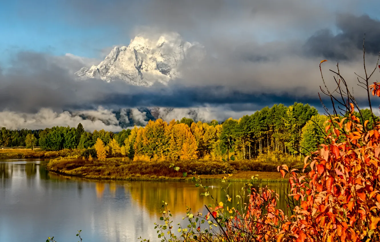 Фото обои осень, трава, листья, снег, деревья, горы, тучи, река