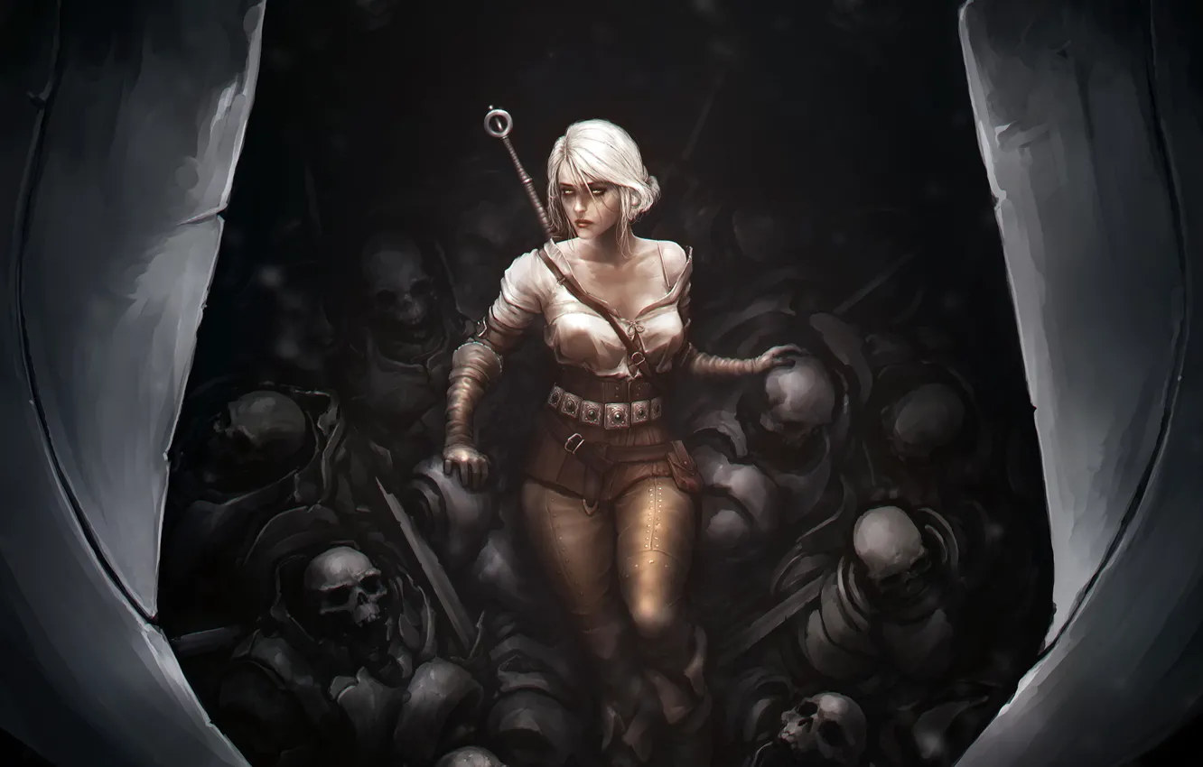Фото обои смерть, меч, черепа, art, деушка, The Witcher 3: Wild Hunt, Cirilla Fiona Elen Riannon, Ciri