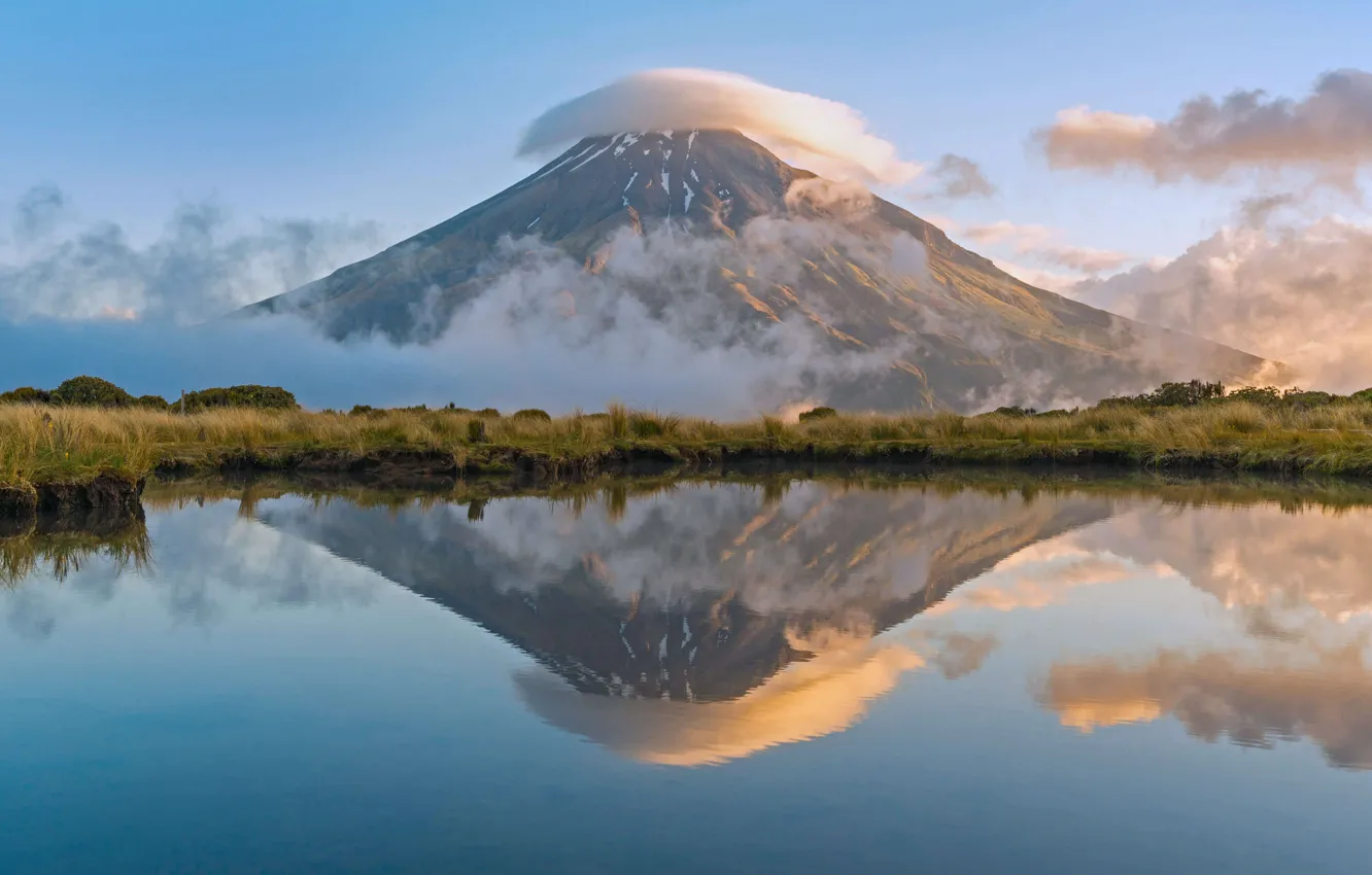 Фото обои отражение, река, гора Таранаки, Новая Зеландия, Северный остров, Национальный парк Эгмонт