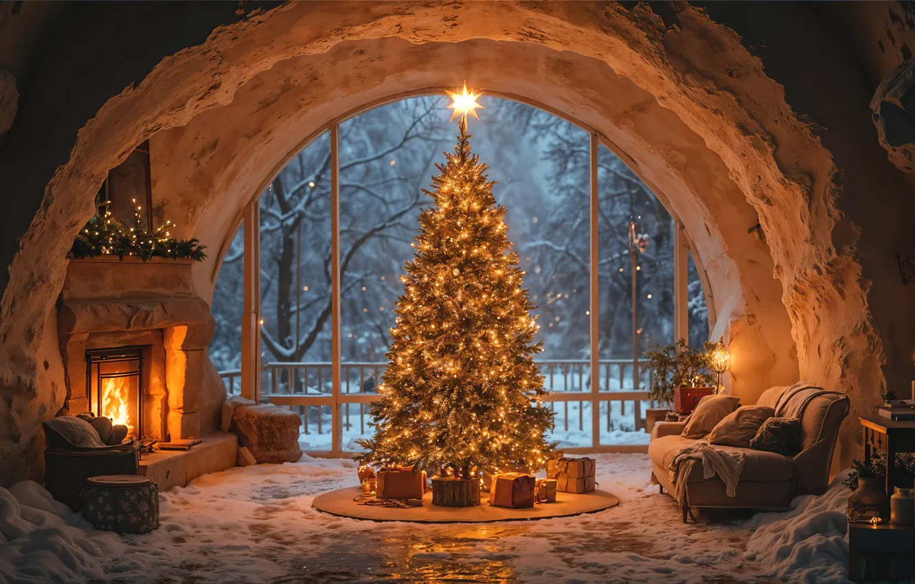Фото обои комната, елка, интерьер, Рождество, Новый год, Christmas, view, tree