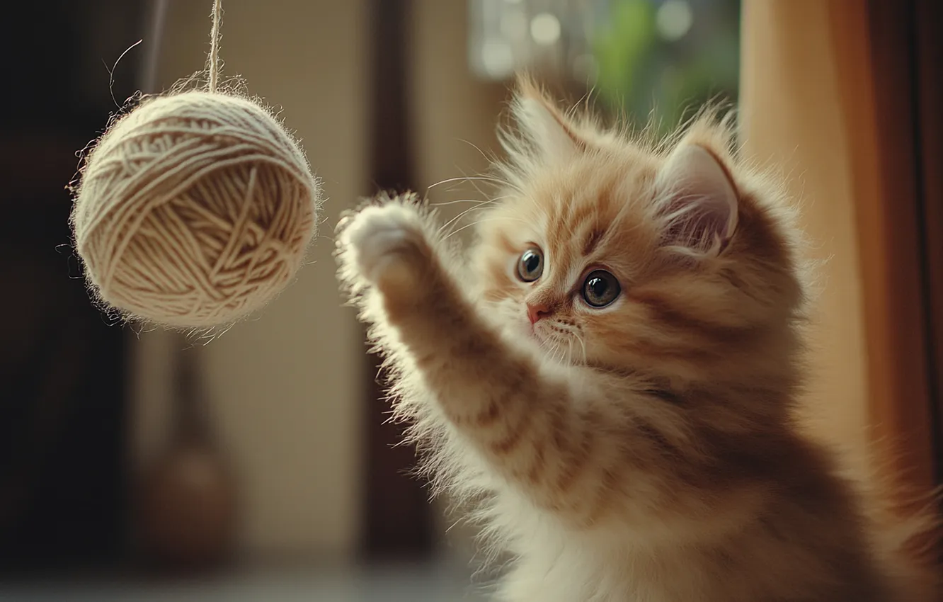 Фото обои кошка, взгляд, клубок, поза, котенок, комната, игрушка, игра