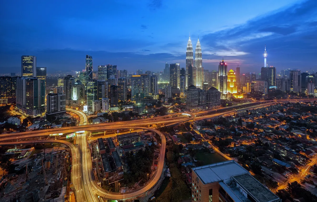 Фото обои дорога, ночь, город, Малайзия, Куала-Лумпур, дорожное кольцо