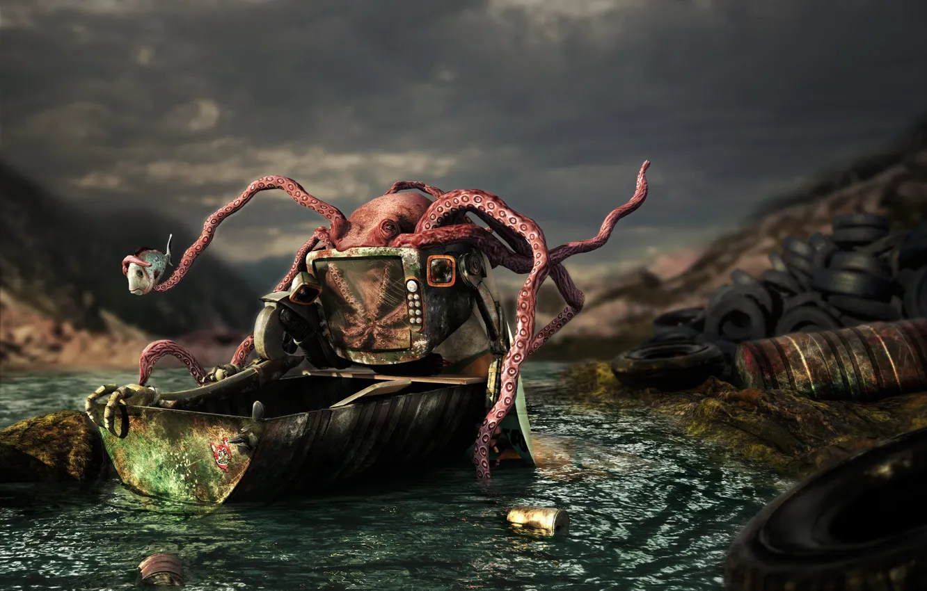 Фото обои загрязнение, рыба, корыто, чудовище, Octopus squat